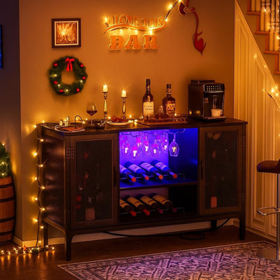 Meuble-bar à vin et à café de luxe avec casier à bouteilles, éclairage DEL et prises électriques
