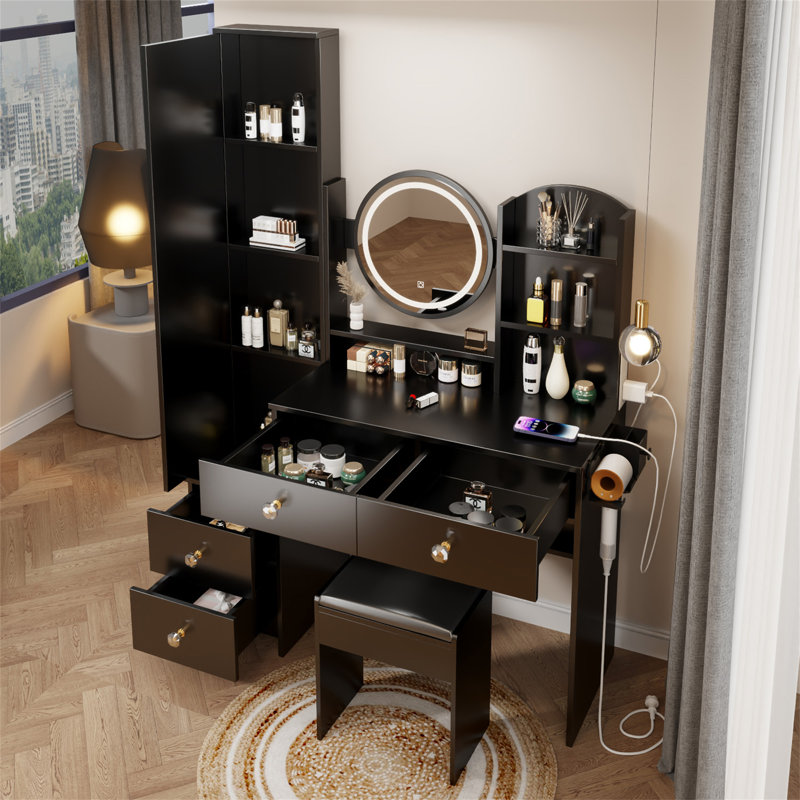 Armoire à miroir pleine grandeur + coiffeuse à miroir rond à DEL + tabouret rembourré, avec 2 centrales électriques + 2 centrales USB, miroir à DEL de 17 po de diamètre, commande tactile, 3 couleurs, luminosité réglable, grand bureau