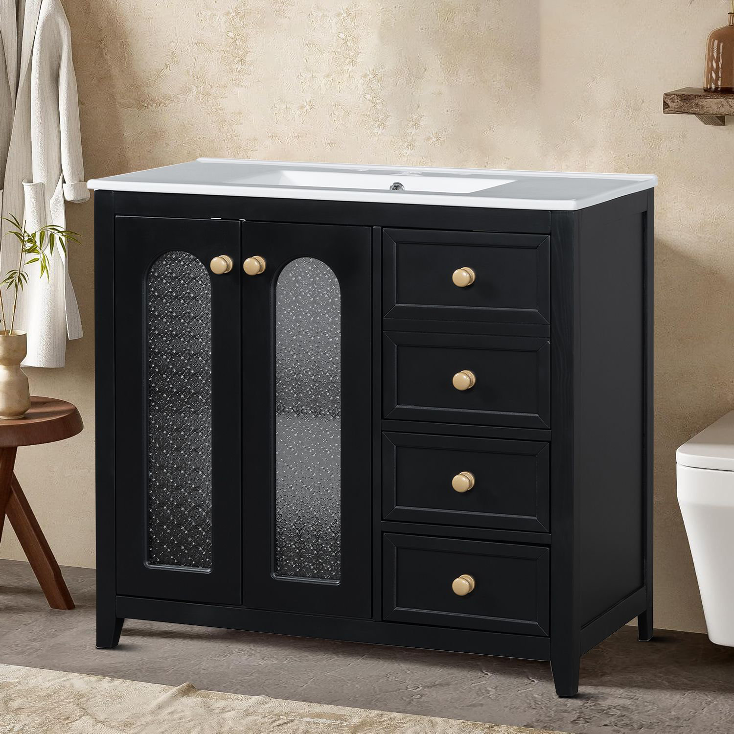 Lark Manor Modern retro style bathroom vanity with frosted glass cabinet doors and adjustable ...