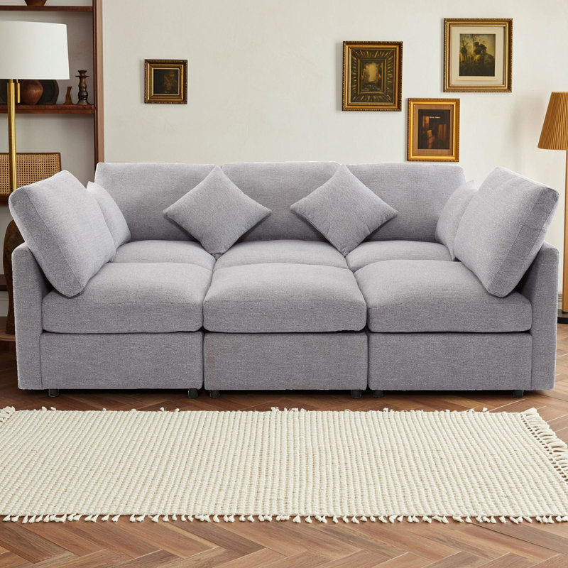 Canapé d'angle modulaire moderne avec pouf, ports de chargement, tissu chenille et coussins décoratifs, Gris clair