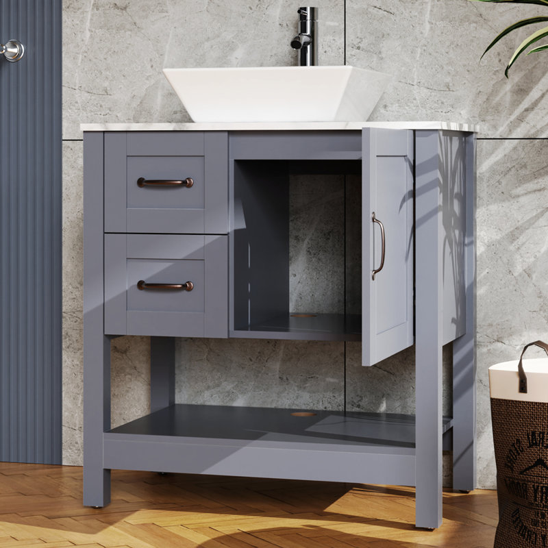 30'' Free-standing Single Bathroom Vanity with Marble Pattern Vanity Top