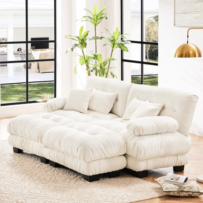 Chenille 2 places, canapé-lit Cloud pour le salon avec repose-pieds, coussins lombaires et coussins décoratifs, accoudoirs larges rembourrés, fabrication blanche de qualité et confortable