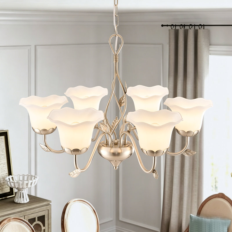 Luminaire suspendu classique / traditionnel en acier à 6 lumières à intensité variable en verre givré, Nickel brossé