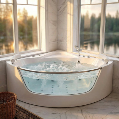 59-Inch Double Acrylic Corner Massage Bathtub 16-Jet Hydrotherapy Bathtub With Heating Function Rainbow Lighting