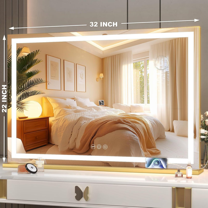 Miroir de maquillage lumineux 32 po x 22 po à DEL avec 3 modes de couleurs à intensité variable, contrôle à écran tactile, fixation murale ou de table, carré doré