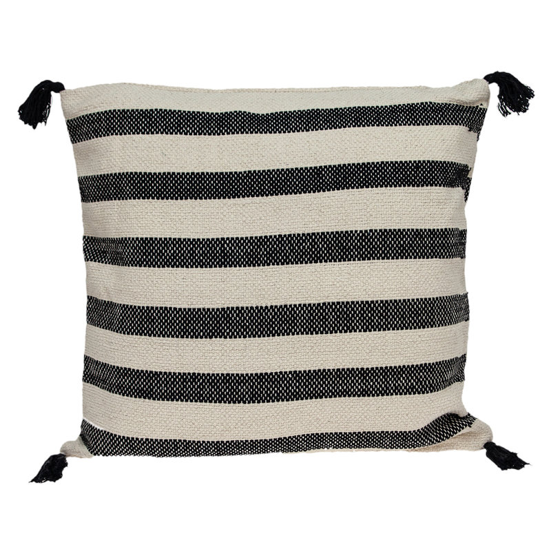 Coussin 24 "en coton rayé beige et noir avec pampilles