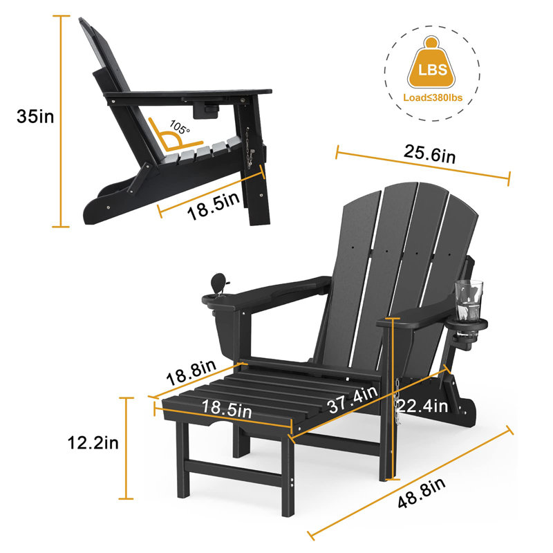 Chaise Adirondack pliante avec repose-pieds rétractable, Noir