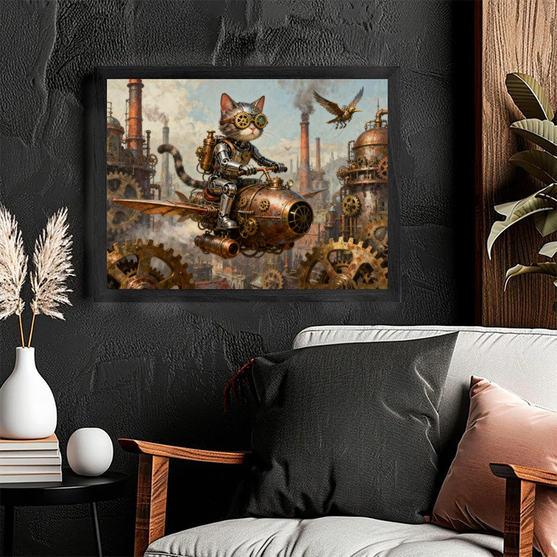 Art de chat et de machines fantaisiste noir encadré noir, impressions d'art industriel rétro encadrées, H 13 po x l 17 po