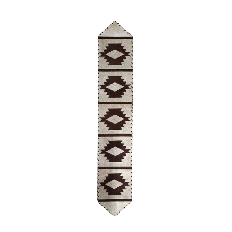 Dark Southwestern Cowhide Table Runner, 96" L x 12" D, Cream/Brown