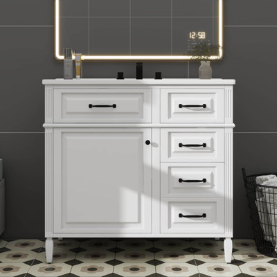 36-Inch Bathroom Vanity With Ceramic Sink Top, Boasting 4 Drawers And 1 Soft-Close Door, Flip Drawer Feature With Adjustable Shelf