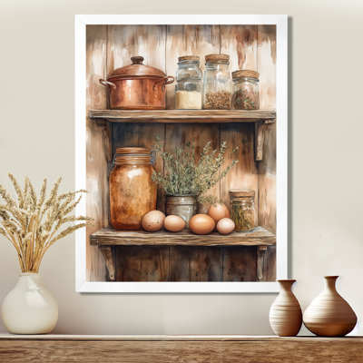 Brown Green Rustic Kitchen Shelf Still Life II - Picture Framed Wall Art