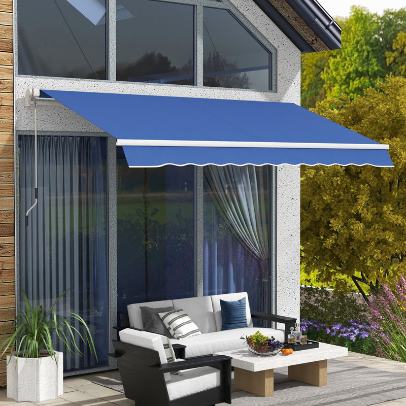 Auvent rétractable bleu foncé 12 pi x 10 pi, manivelle manuelle, tissu à eau 280 g / m, structure en aluminium pour terrasse, balcon, béton extérieur, brique, surfaces en bois