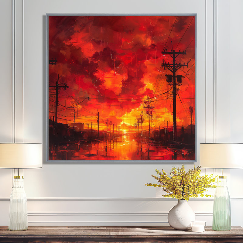 Rouge, jaune, tension, lignes électriques I - Power Lines Wall Art, H 16 po x l 16 po x P 1 po, Encadrement argenté