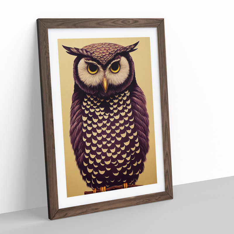 Perched Owl - Wall Art, Walnut Picture Frame, White, 34cm H x 25cm W