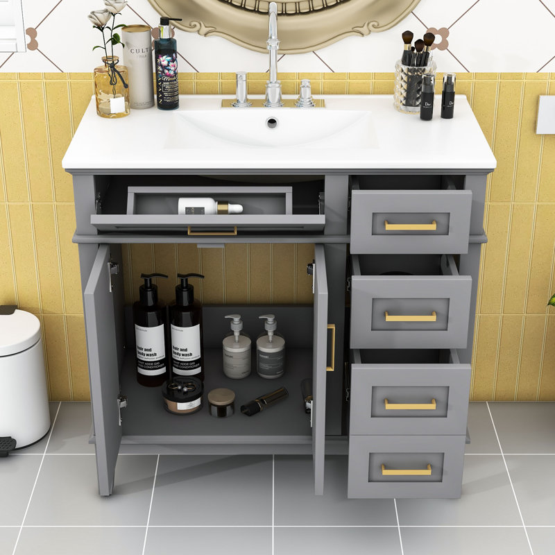Meuble-lavabo de 36 po avec comptoir en céramique, portes à fermeture douce et 4 tiroirs de rangement, Gris