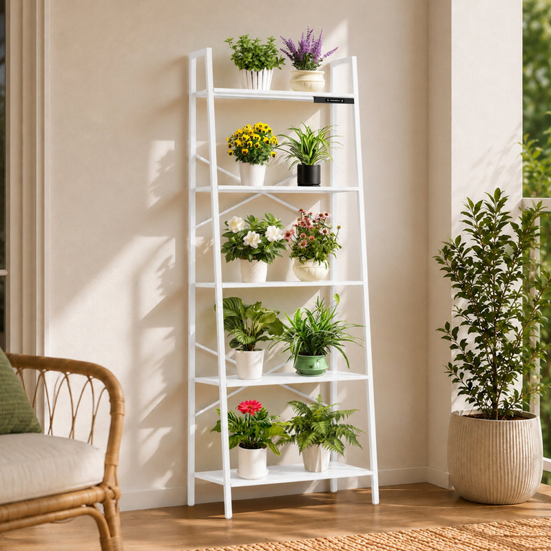 5-Tier Metal Ladder Bookcase with Lighting, White