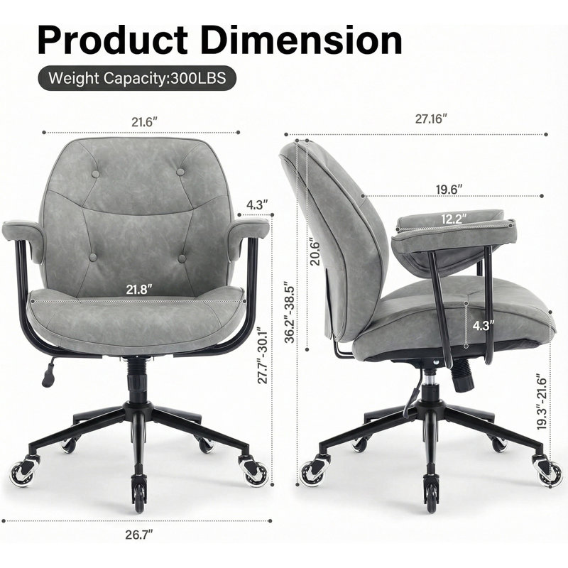 Retro Faux Leather Mid-Back Office Chair with Removable Arms, Ergonomic Swivel Desk Chair with Rubber Wheels, Adjustable Tilt, Lumbar Support