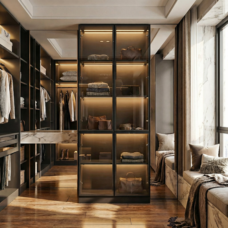 Closet System With Five Shelves And Light And Tempered Glass Door, Black