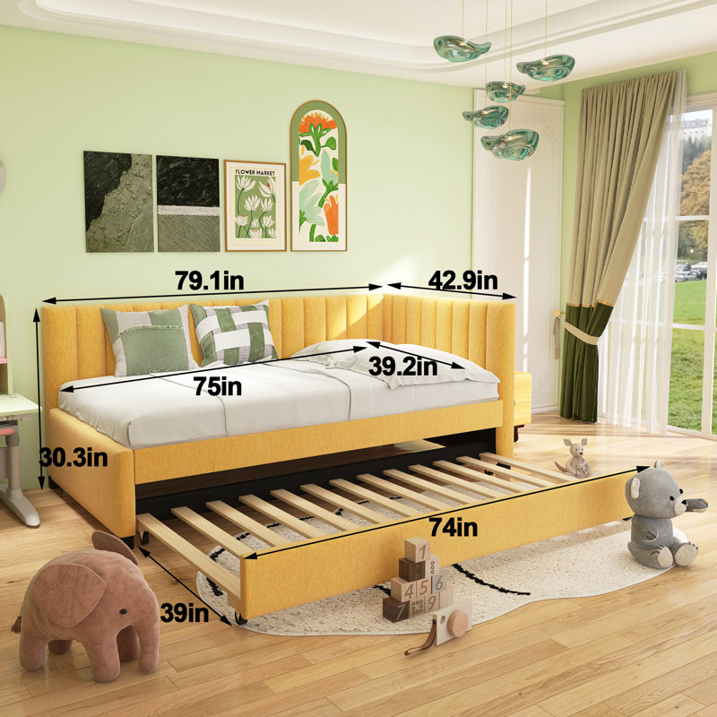 Upholstered Daybed With Trundle Sofa Bed Frame, Twin, Yellow