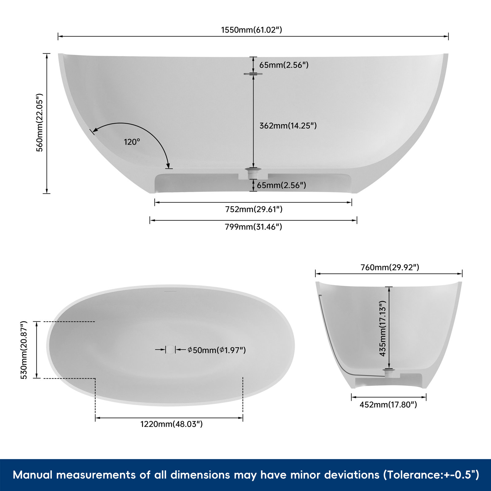 Forma 61" Solid Surface Soaking Bathtub, Light Gray