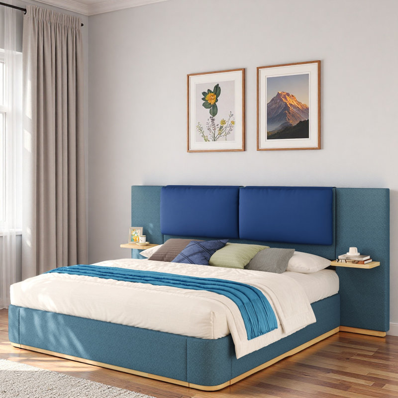 Lit plateforme tapissier avec tablettes, Bleu foncé / bleu, Grand lit