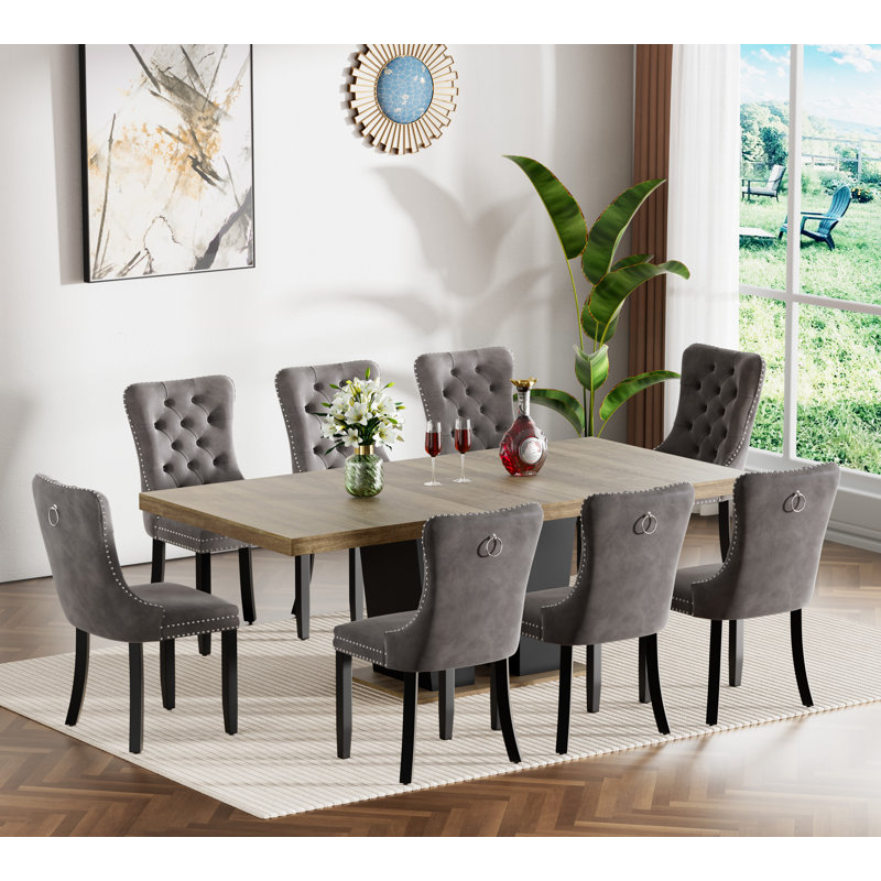 62.99" -78.74" Extendable Dining Table Set, Black&Brown Dining Room Table & Velvet Dining Chairs with Wood Leg, Rustic Kitchen Dining Table and Chairs Set, Modern Dining Table Set