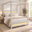 Lit plateforme Beigelora Queen Size à baldaquin capitonné beige avec cadre à quatre colonnes, tête de lit rembourrée en tissu, bandes DEL personnalisables intégrées à la tête et au pied de lit.
