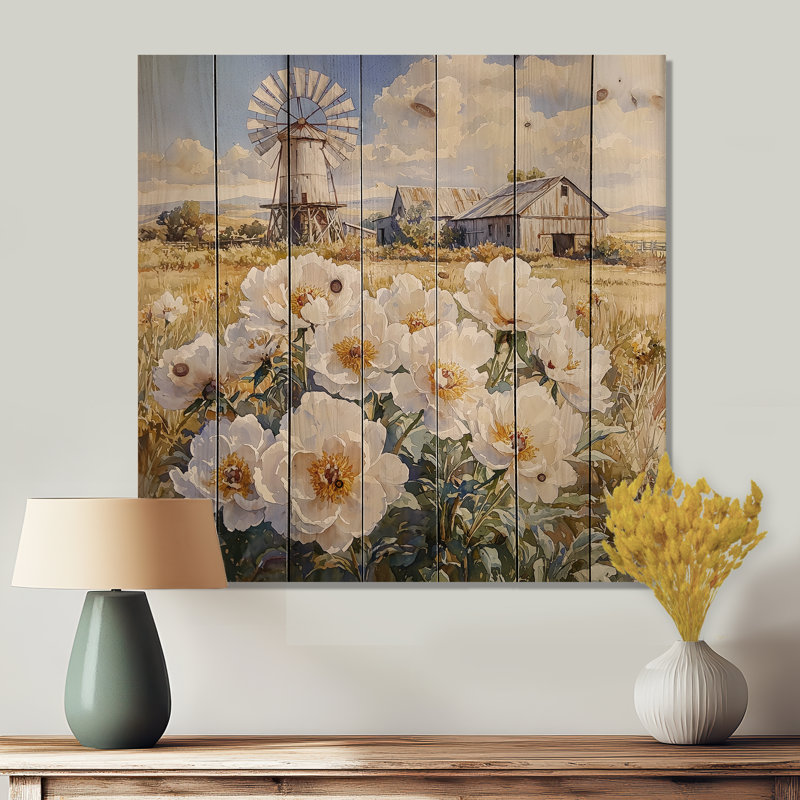 Pivoines près du moulin à vent - Impression sur bois de pivoines - sur bois de pin naturel, H 36 po x l 36 po x P 0,78 po