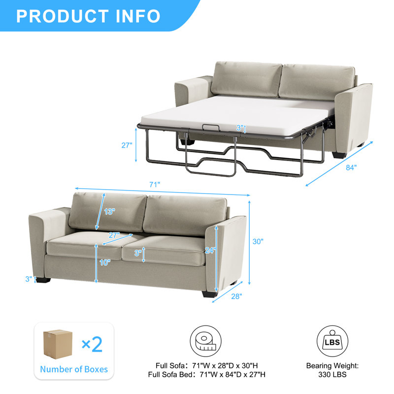 Latitude Run Velvet Queen Pull Out Sleeper Loveseat with Memory Foam Mattress, 30” H x 71” W x 28” D, Beige