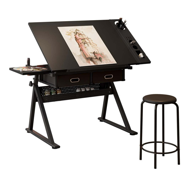 Table de dessin réglable avec 2 tiroirs et tabouret, bureau à domicile noir et poste de travail scolaire