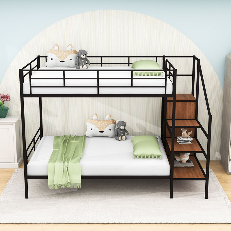 Lit superposé avec tablettes d'escalier intégrées et garde-robe sous le lit, Lit superposé double sur double