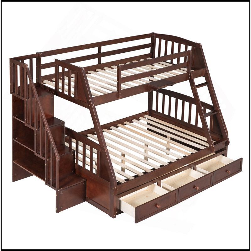 Lit simple superposé simple avec tiroirs, échelle et escalier de rangement, espresso