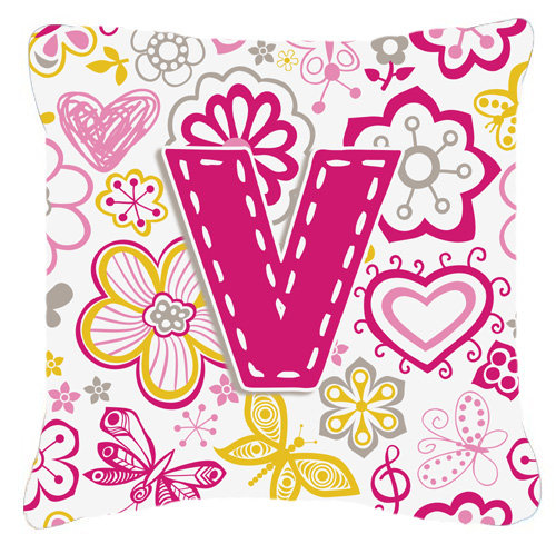 Papillons et fleurs de lettre Monogram intérieur/extérieur Throw Pillow, V, 18" H x 18" L x 5.5" D