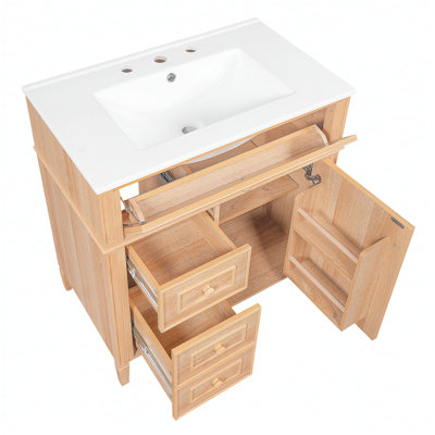 Meuble-lavabo de 30 po avec lavabo, armoire en bois massif et panneau de fibres à densité moyenne, tiroir rabattable, 2 tiroirs à fermeture en douceur, 1 porte à fermeture en douceur, poignées en bois élégantes