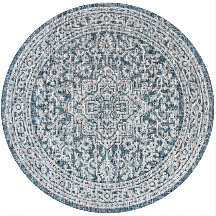 Moten Medallion Textured Weave Teal Blue/Gray Indoor/Outdoor Rug