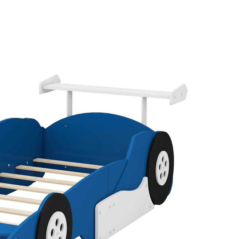 Lit plateforme en forme de voiture de course avec roues, structure de lit de voiture de course simple en bois avec tablettes de rangement et rails