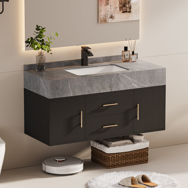 Ensemble de meuble-lavabo moderne en pierre frittée flottante noire avec lavabo 39,4 po Ivanbrook, Noir