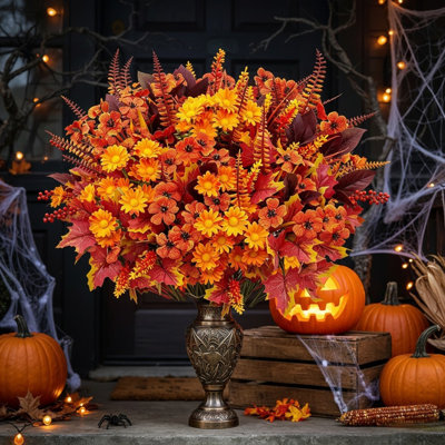 18 Bundles Artificial Fake Mums For Outdoor Fake Plants For Autumn Decoration,Faux Eucalyptus Flowers For Planter UV Resistant Lifelike For Home Porch Garden