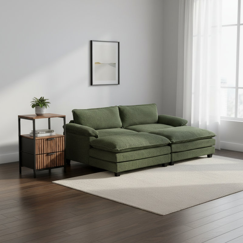 Causeuses 90 po en velours côtelé vert avec 2 repose-pieds et table d'appoint de 15 po, Vert