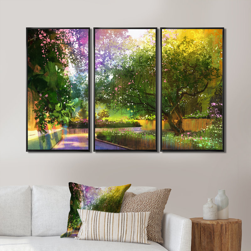 «Vibrant Pathway In A Peaceful Green Park», peinture sur toile flottante 3 pièces, Noir, L 36 po x H 28 po