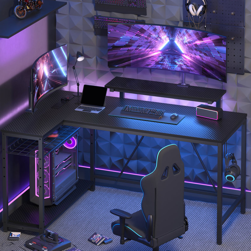 L-shaped Computer Desk with Power Outlet, Gaming Desk with Monitor Stand and Shelves, 91.4cm H x 147cm W x 80cm D