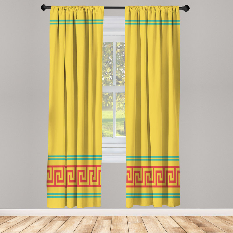 Ivy Bronx Abstract Curtains, Simple Style Greek Pattern, Pair of 28"x95", Dark Yellow/Red/Teal