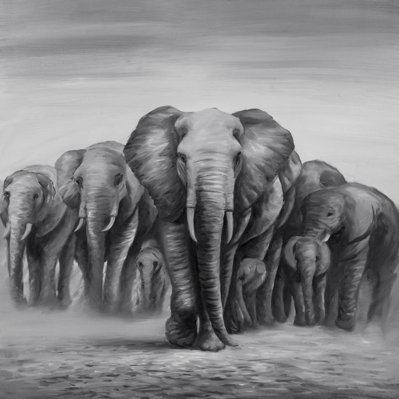 « troupeau éléphants », reproduction de peinture à l’huile sur toile tendue, H 24 po x l 24 po x P 1,5 po