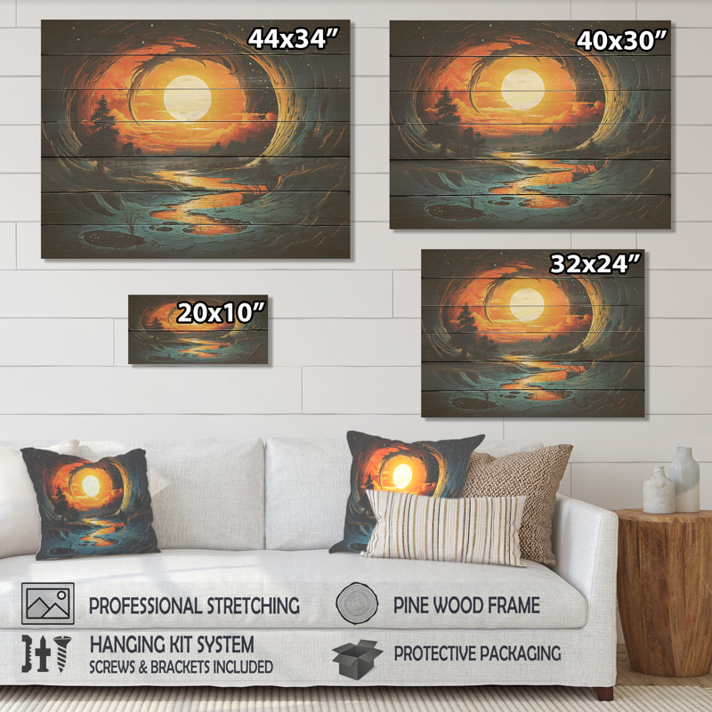 Coucher de soleil sur les vagues - plage sur bois, H 34 po x l 44 po x P 0,78 po