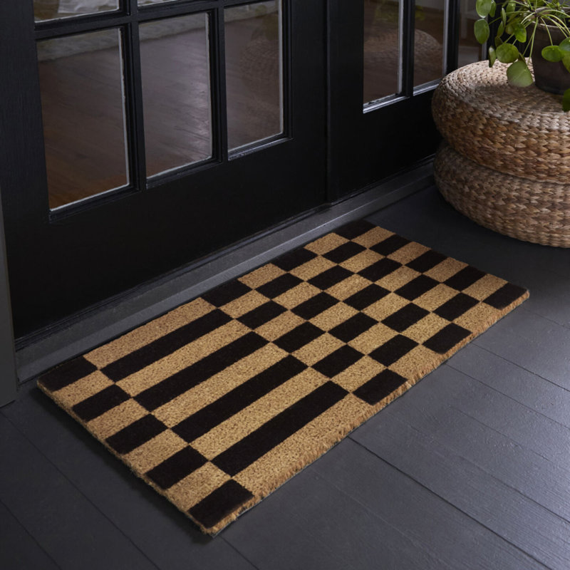 Checkerboard Stripe Black Geometric Doormat