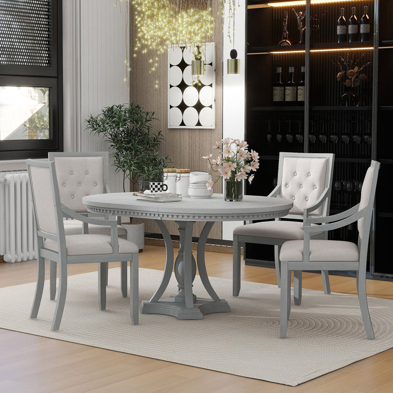 Ensemble de salle à manger 5 pièces Retro, table ronde extensible et 4 chaises, chêne gris antique