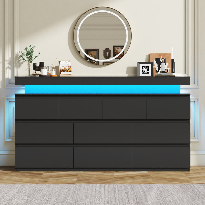 10-Drawer Modern Storage Dresser With Led Lighting & Charging Station, Wide Chest Of Drawers For Bedroom, Living Room & Entryway Organization