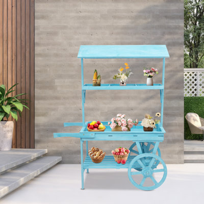 Wood Rolling Cart Retro Indoor Display Rack With Wheels For Flowers, Potted Plants