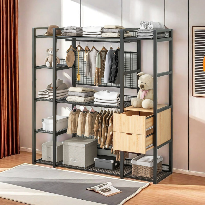 Garde-robe de style ouvert avec rails suspendus, tablettes et tiroirs, Noir