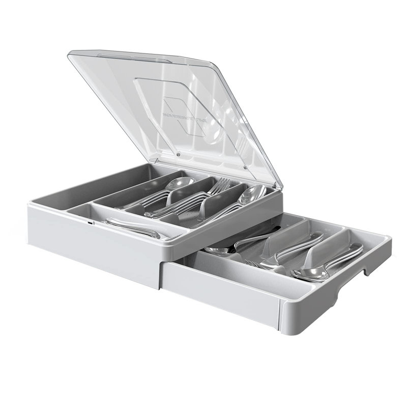 Double Layer Flatware Organizer With Lid(White)